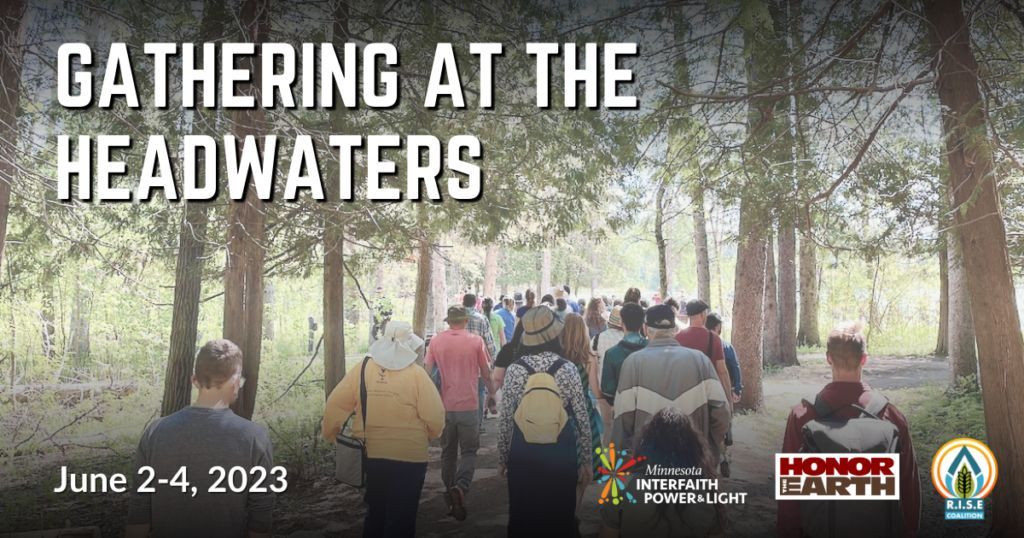 photo of people walking to the Mississippi headwaters for the gathering at the headwaters worship service